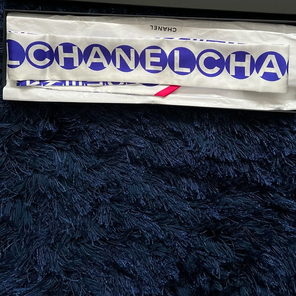 NEW CHANEL Blue, White, and Pink Silk Chanel Logo Twilly Scarf (New in Box)